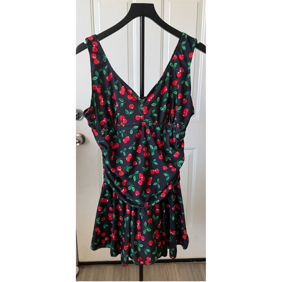 Other - Cherry‎ Print Swim Dress One Piece V-Neck Ruched Skirted Swimsuit Black XXXL
